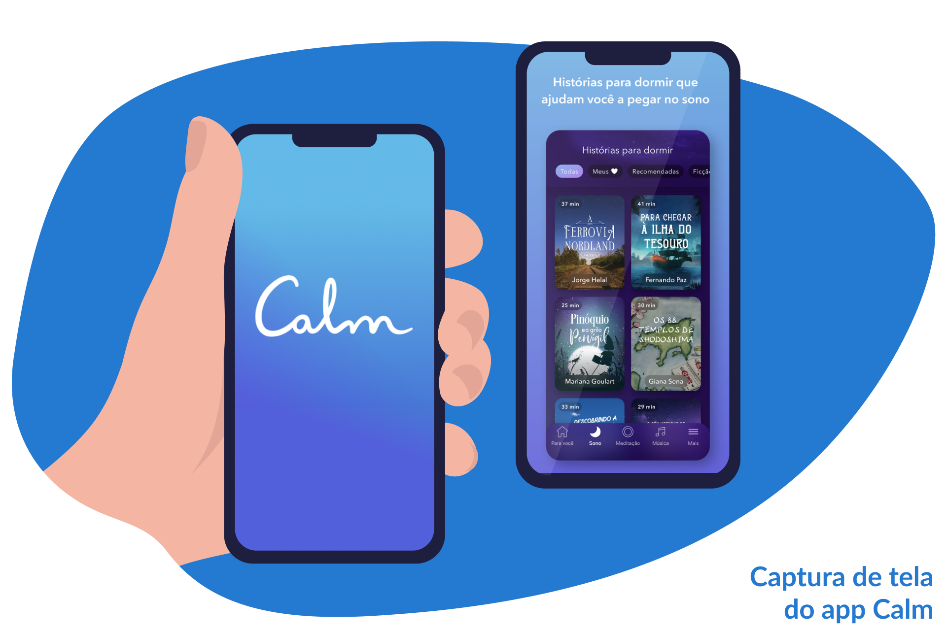 Desenho de uma mão mexendo no app Calm pelo celular